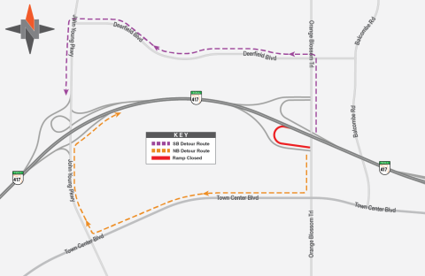 The detour to use for the Orange Blossom Trail onramp to northbound 417 on Thursday and Friday night as the onramp is repaved. MAP/CFX