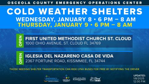 Ahead of low temperatures expected to drop in the 30s, two cold weather shelters are now open through Thursday night for those experiencing homelessness. GRAPHIC/OSCEOLA COUNTY