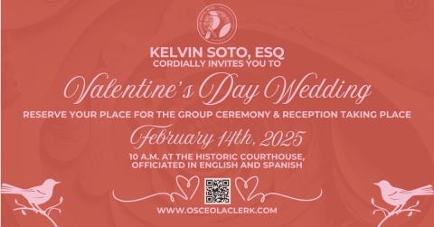 The first 16 couples to register will be able to say “I do” during the cherished annual group wedding ceremony and reception on Friday, Feb. 14 at 10 a.m. in the Historic Courtroom of the Osceola County Historic Courthouse, the oldest active courthouse in Florida. CLERK'S OFFICE
