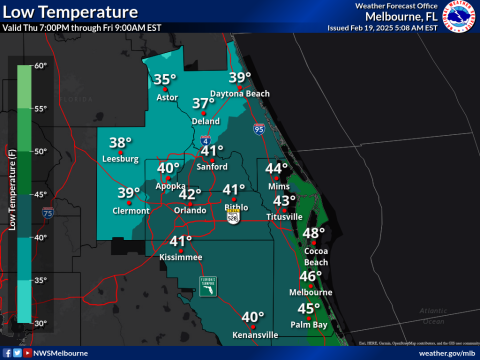 Be aware of chilly temperatures overnight Thursday into Friday morning, thanks to a strong cold front moving through that will bring showers and storms into Wednesday evening. GRAPHIC/NWS MELBOURNE