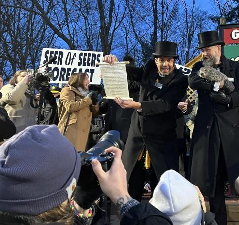 Punxsutawney Phil came out of his burrow and (reportedly) saw his shadow, foretelling six more weeks of winter at Gobbler's Knob in Pennsylvania Sunday morning. PHOTO/Punxsutawney Groundhog Club