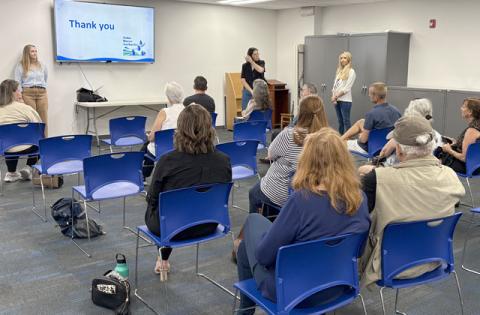 Melanie Pickett of Carollo Engineers and Caitlin Dineen of Toho Water Authority respond to audience questions in St. Cloud on Sunday. PHOTO/TERRY LLOYD