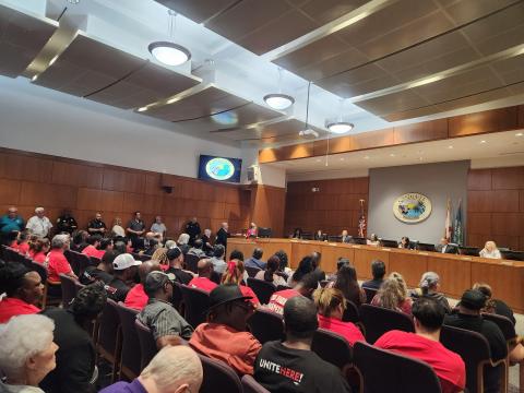 Members of the Unit 737 hospitality union came in force to Tuesday’s Kissimmee City Commission meeting to oppose a proposal to develop an extended-stay project at Toho Square, saying it wouldn’t generate enough jobs and would bring a clientele similar to U.S. 192 corridor hotels. (Photo/Ken Jackson)
