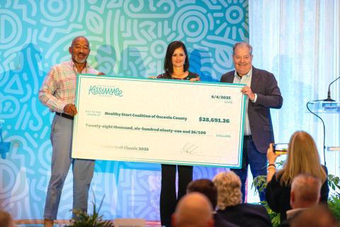 From left, Dr. Rufus Barfield, PhD. Chair of the Board of Directors at Healthy Start Coalition of Osceola County, Healthy Start Executive Director Kerri Stephen and Experience Kissimmee CEO DT Minich. (Photo/Experience Kissimmee)