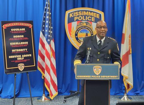 Kissimmee Police Chief Charles Broadway details the action taken regarding an investigation into a dozen current and former KPD employees and their role in covering up at least one use of force case.  (Photo/Ken Jackson)