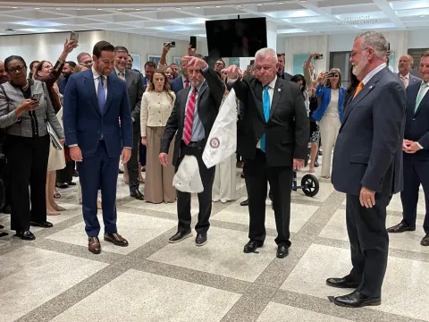 House Speaker Daniel Perez (left) and Senate President Ben Albritton (right) took part in a traditional hanky-drop ceremony marking the end of the legislative session. (NSF Photo/Tom Urban)