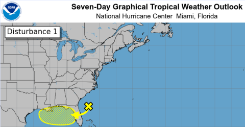 A trough of low pressure forecast to move across Florida Monday and potentially grow into a small tropical system in the Gulf should affect our weather pattern the next two days. (Graphic/NWS)