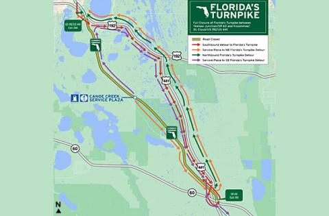 A full closure of northbound and southbound Florida’s Turnpike/State Road between Yeehaw Junction/SR 60 (Exit 193) and US 192 (Exit 244) has been scheduled to allow crews to install bridge beams for the Neptune Road bridge over Florida’s Turnpike. (Graphic/Osceola County/FDOT)