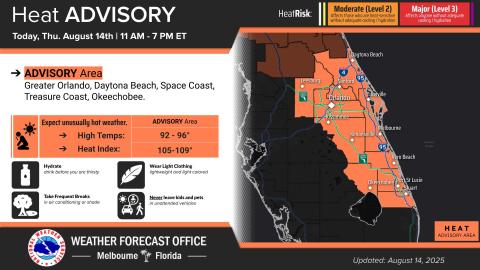 The National Weather Service in Melbourne has issue a Heat Advisory for all of east central Florida, including Osceola and Orange counties, for today. (Graphic/NWS Melbourne)