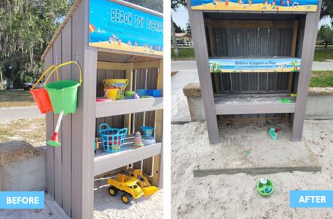 What started as a “library” for children to “borrow” beach toys at the St. Cloud Lakefront has turned frustrating, with the toys disappearing or ending up in the trash. (Photos/Jacqueline Cruz)