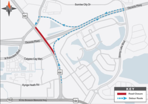 FDOT will close northbound 535 (Vineland Road) overnight Tuesday into Wednesday for overhead sign installation that's part of a broader road rehab project that started last fall. (Graphic/FDOT)