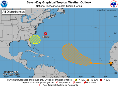Overnight the National Hurricane Center noted Tropical Storm Dexter formed, and it's watching two areas of possible development in the Atlantic. (Graphic/NHC)