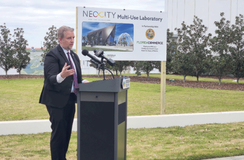 Florida Secretary of Commerce Alex Kelly was among the state and local leaders who turned out at NeoCity Thursday for the ceremonial groundbreaking of a 30,000 square foot multi-use lab facility at the Kissimmee tech campus. (Photo/Ken Jackson)