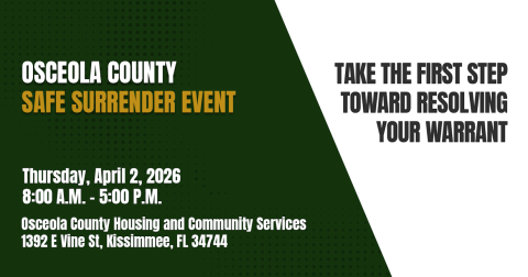 Safe Surrender is an opportunity for U.S. citizens with outstanding non-violent Osceola County misdemeanor or traffic warrants to safely turn themselves in and have their warrants reviewed, court dates reset and potentially resolved instead of being arrested.