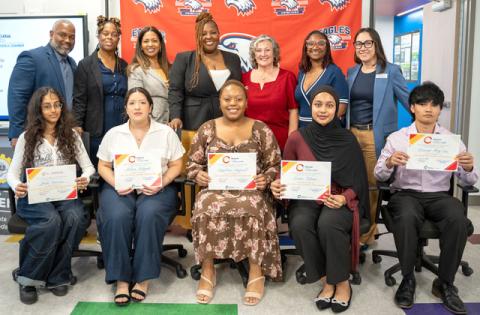Angelina Angervil of New Dimensions, Lorenzo Mag-aso of Osceola County School for the Arts, Eman Fatima of Celebration High School, Jade Sewram of Poinciana High School, and Melina Delgado of oTECH were awarded four $1,000 scholarships by the Poinciana Council of The Osceola Chamber last week. (Photo/The Osceola Chamber)