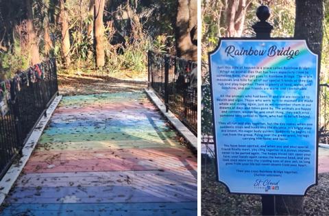 Collars adorn the Rainbow Bridge at Peghorn Park in St. Cloud in memory of beloved and past pets. The sign at the Rainbow Bridge. (Photos/Rob Gorski)