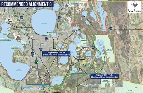 CFX is recommending Alignment “G” for the SR 515 project due to limited impact on existing and future planned residences (Graphic/CFX).