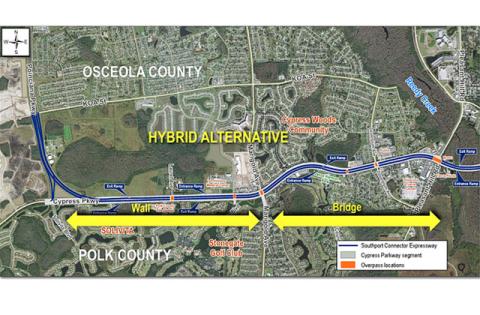The Central Florida Expressway Authority is evaluating a “hybrid” compromise of the Southport Connector atop bridges east of Marigold Avenue and walls from Poinciana Parkway to Marigold. (Graphic/CFX)