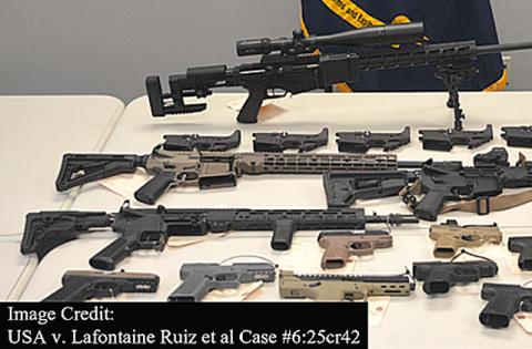 These handguns, rifles and AR-style receivers were recovered from the residence and storage facility of Jincheng Shi of St. Cloud. (Photo/Department of Justice)