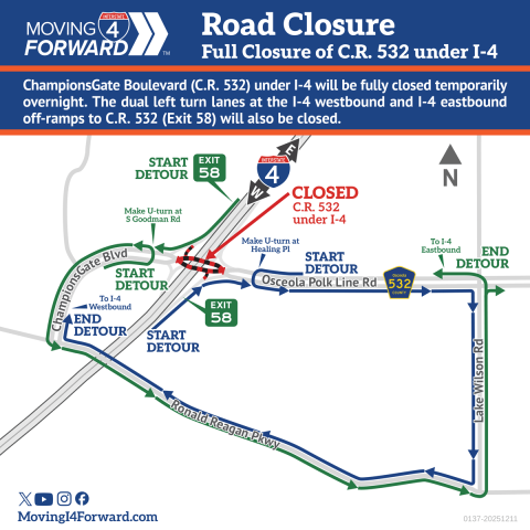  The Florida Department of Transportation (FDOT) is scheduled to close ChampionsGate Boulevard (County Road 532) in both directions under Interstate 4 nightly from 10 p.m. to 5:30 a.m. this week (Graphic/FDOT)