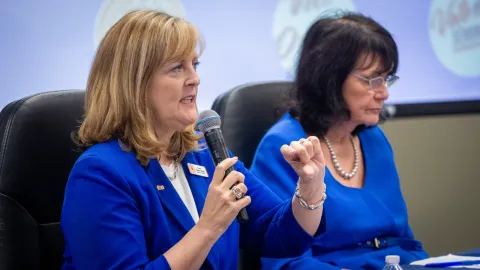 Orange County Supervisor of Elections Karen Castor Dentel (left) and Osceola's SOE Mary Jane Arrington speak on a panel about election administration in Orlando on Wednesday, May 5. (Central Florida Public Media staff photo/Sam Stockbridge) 