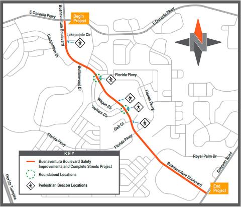 Two projects on Buenaventura Blvd. are constructing roundabouts at Trotter’s Circle and Florida Parkway and a 12-foot-wide shared-use path. (Graphic/Osceola County)