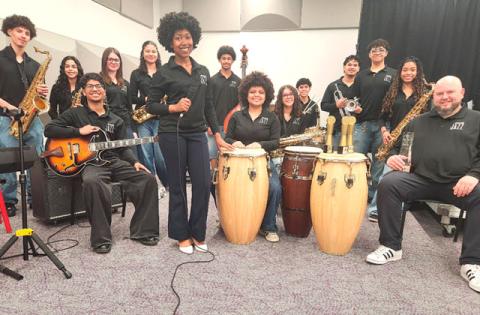 The Osceola County School for the Arts' Jazz A Band shows off the latest hardware earned at the International Essentially Ellington High School Jazz Festival last week at the Lincoln Center in New York. (Photo/Ken Jackson)