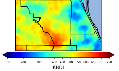 The Keetch-Byram Drought Index is highly in Osceola County in the southern areas as well as northeast of the city of St. Cloud, which re-issued its local burn ban Friday. (Graphic/Florida Forest Service)