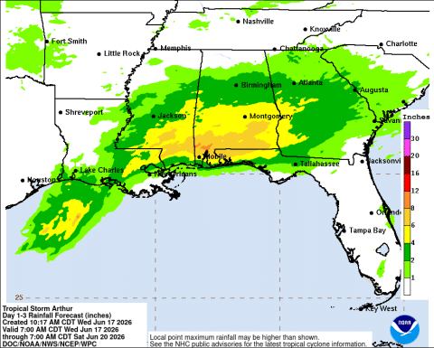 Newly-named Tropical Storm Arthur is expected to bring drought-busting rains to the Southeast U.S. the rest of the week. (Graphic/NHC)