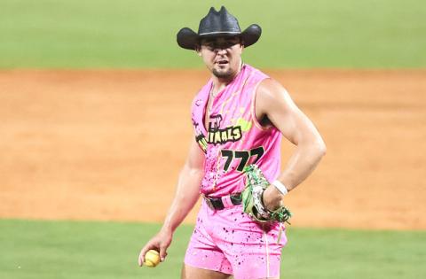 Party Animals pitcher Garett Delano shows Banana Ball isn’t your dad’s or granddad’s baseball ... (Photo by Taylor McFee)