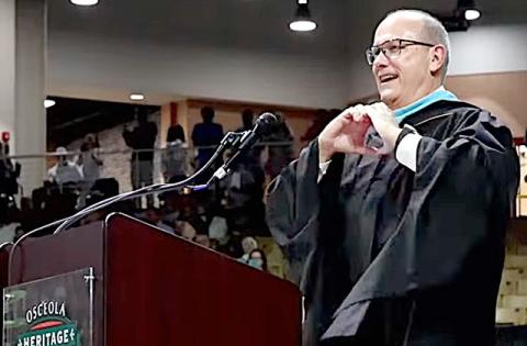 At Gateway High’s graduation ceremony May 21, Principal James Long shared with the Panther community how he felt. Long is retiring at the end of the month. (Photo/Osceola County School District)
