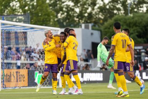 The Orlando Lions celebrate a goal by Ivan Angulo in a 4-0 rout of the San Jose Earthquakes late Wednesday night.  (Photo/OCSC Media)