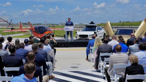 Gov. Ron DeSantis and Transportation Secretary Jared Perdue repeatedly referenced “the Jetsons” to highlight that testing on electric vertical takeoff and landing aircraft will be underway by the end of the year at the SunTrax test facility in Polk County. (Photo/Governor's Office Twitter)