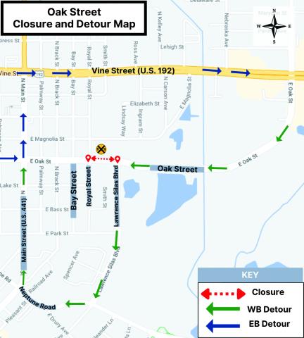 Map of Oak Street closure and eastbound and westbound detours, using Neptune Road and Lawrence Silas Boulevard or U.S. Highway 192. MAP/FDOT
