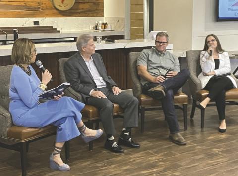 News 13 anchor Ybeth Bruzual asks Frida Bahja of Experience Kissimmee, Sam Haught of Wild Florida, and Robb Larson of Osceola Heritage Park about the state of the area’s tourism and hospitality industries at last week’s Economic Outlook event. PHOTO/TERRY LLOYD