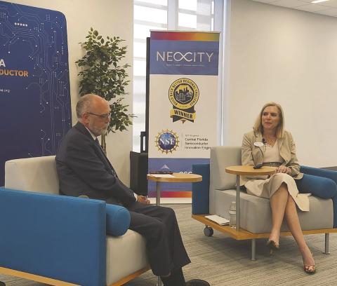 BRIDG Director Jay Galbriath (left) welcomed new Florida Semiconductor Engine CEO Tawny Olore for a meet and greet Tuesday. Olore is tasked with bringing together industry partners to expand advanced microchip packaging at NeoCity. (Photo/Terry Lloyd)