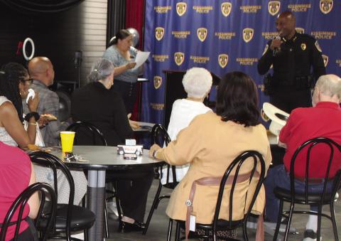 Kissimmee Police Chief Chuck Broadway speaks at a downtown business community meet-and-greet event, one of a number of public events he’s shared his policing philosphy at The Vault. (Photo/Ken Jackson)