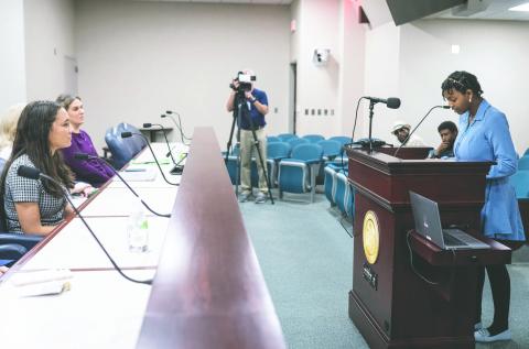 Neptune Middle School’s Marley Reynolds presents her bill, aimed to provide teachers low-cost mental health services, to a mock Legislative committee April 14 in Tallahassee. (Photo/Rep. Paula Stark staff)
