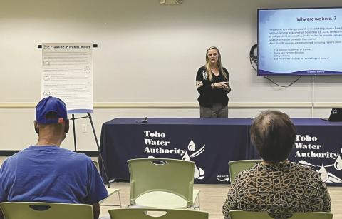 Melanie Pickett of Carollo Engineers shared the pros and cons of fluoridating community water systems during the first of four public meetings being held by Toho Water Authority in April. PHOTO/KRISTIN HURST