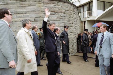 President Ronald Reagan waves moments before he was shot in 1981 by John Hinckley. PHOTO/ RONALD REAGAN PRESIDENTIAL LIBRARY & MUSEUM VIA NEWS SERVICE OF FLORIDA