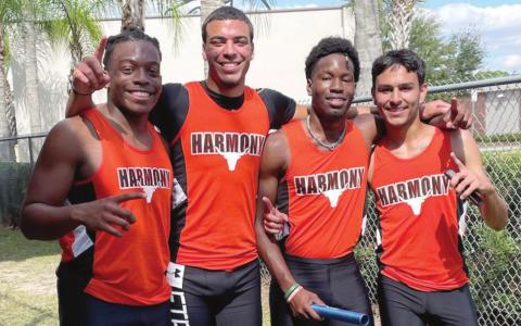 Harmony’s 4x100 relay team of Tyler Emans, Isaiah Oquendo, Wathson Cherancy, Alex Tuyo have already established a new school record. SUBMITTED PHOTO