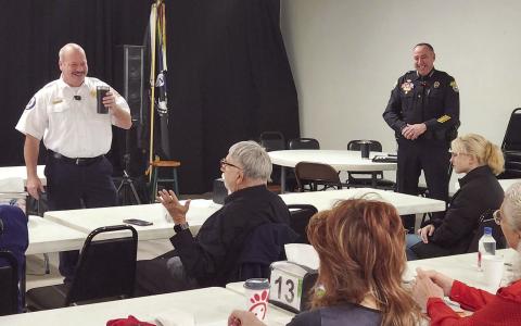 St. Cloud Fire Chief Jason Miller (left) and Police Chief Doug Goerke respond to a resident’s question at a Monday update to residents on how the agencies are responding to growth in 2025. PHOTO/KEN JACKSON