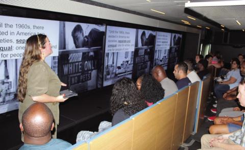 Simon Wiesenthal Center educator Katie Martinelli leads a civil rights tolerance seminar at the Hart Memorial Library in Kissimmee Monday. (Photo/Ken Jackson)