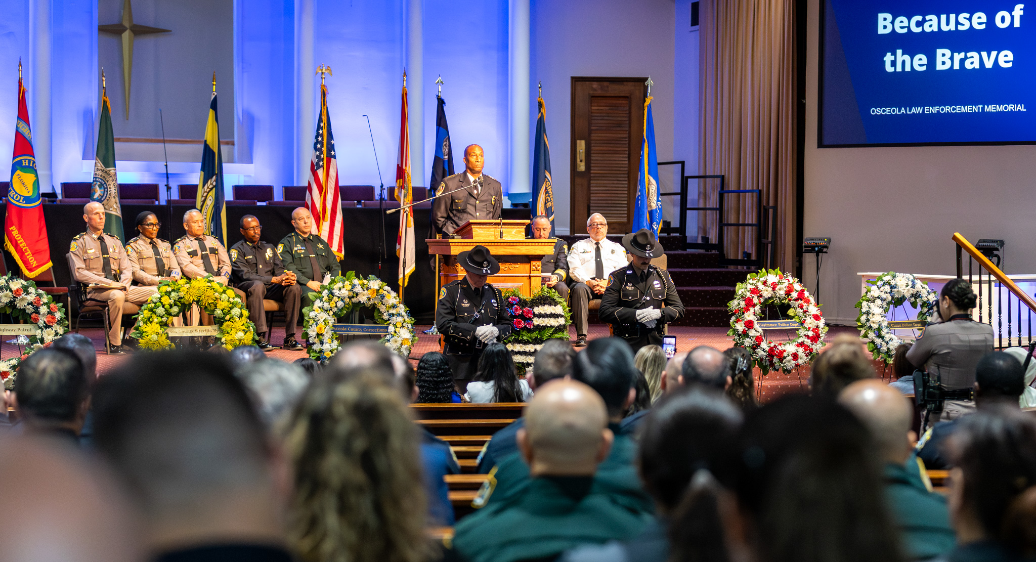 Kissimmee Police Chief Charles Broadway speaks to the congregation of law enforcement and families of their fallen brethren at Wednesday’s annual Osceola County Law Enforcement Memorial Ceremony at Bible Baptist Church in Kissimmee. (Photo/Taylor McFee)