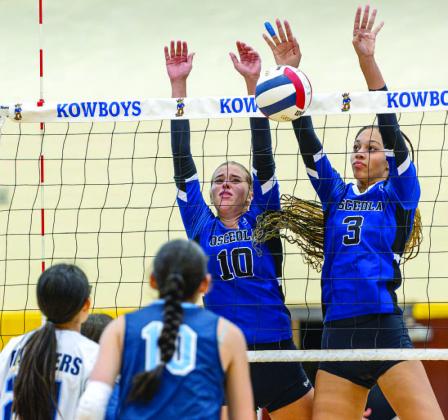 Sophie Spivey (10) and Brooklyn Sippio (3) will be part of Osceola’s imposing front line at the net. PHOTO/TAYLOR MCFEE