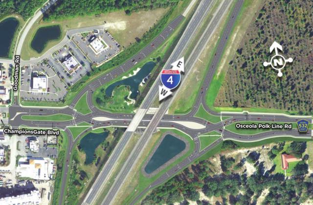 In the new diverging diamond interchange, traffic on County Road 532 will cross each other (at the ‘X’s at left and right) and any traffic turning left won’t need to cross oncoming traffic at a signal. PHOTO/FDOT