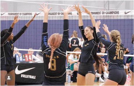 Osceola players celebrate the final point in during the Lady Kowboys upset over nationally ranked Flint Hill on Friday. PHOTO/OSCEOLA HIGH SCHOOL