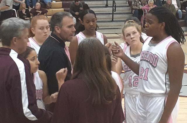 News-Gazette photo/J. Daniel Pearson. St. Cloud Head Coach Chad Ansbaugh instructs his team during a timeout.  The Lady Bulldogs would go on to a 38-point win over Celebration.