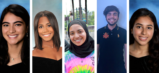 Pictured from left are scholarship winners Kyomi Cabral, Mia Victoria Escarment Rodriguez, Hafsa Quaakki, Gabriel Decastro and Sarah Khan.