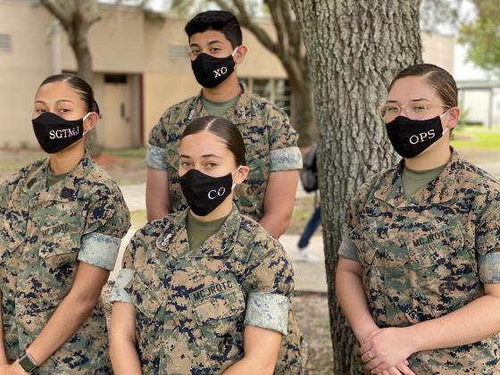 Members of the Gateway High School Marine Corps Junior Reserve Officers Training Corps pose for a picture after learning the unit was selected as one of the top schools in the country earning the distinction of Naval Honor School Sept. 11. From left are Cadet Sergeant Major Liannette Ortiz-Curet, Cadet Captain Paola Esposito, Cadet Captain Michael Philip and Cadet First Lieutenant Yarianna Ortiz-Irizarry). 